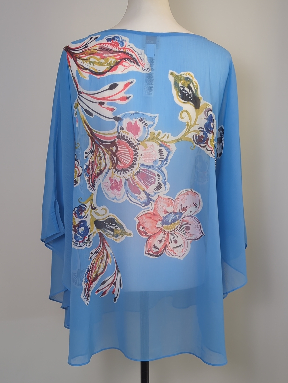 Chico's Watercolor Floral Sheer Poncho Blouse Top Sky Blue L XL - Picture 2 of 14